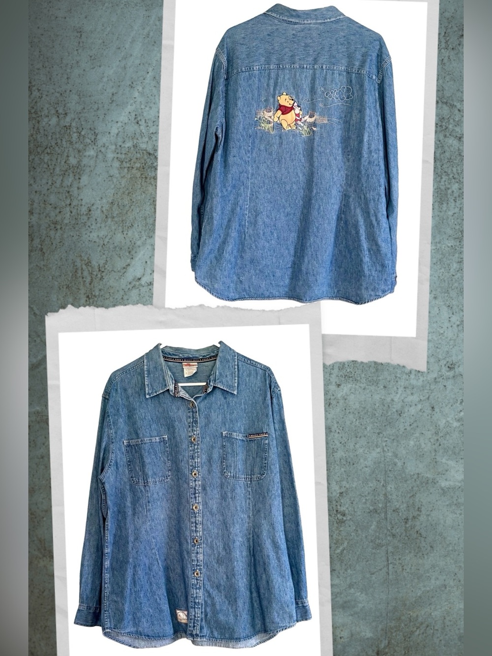 Vtg 90s Y2K DISNEY Pooh Piglet Denim Western Button Shirt XL Embroidered Patches